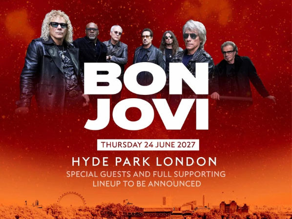 Promotional poster for a Bon Jovi concert at Hyde Park, London, on Thursday 24 June 2027, featuring a group photo of the band.