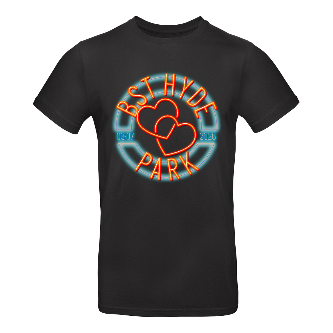 Pre-order the CLICK & COLLECT: MAROON 5 Fri 3rd July Event T-Shirt, a BST Hyde Park exclusive featuring neon “BST Hyde Park,” two hearts, and the date 03:07 2026—celebrating MAROON 5’s iconic show.