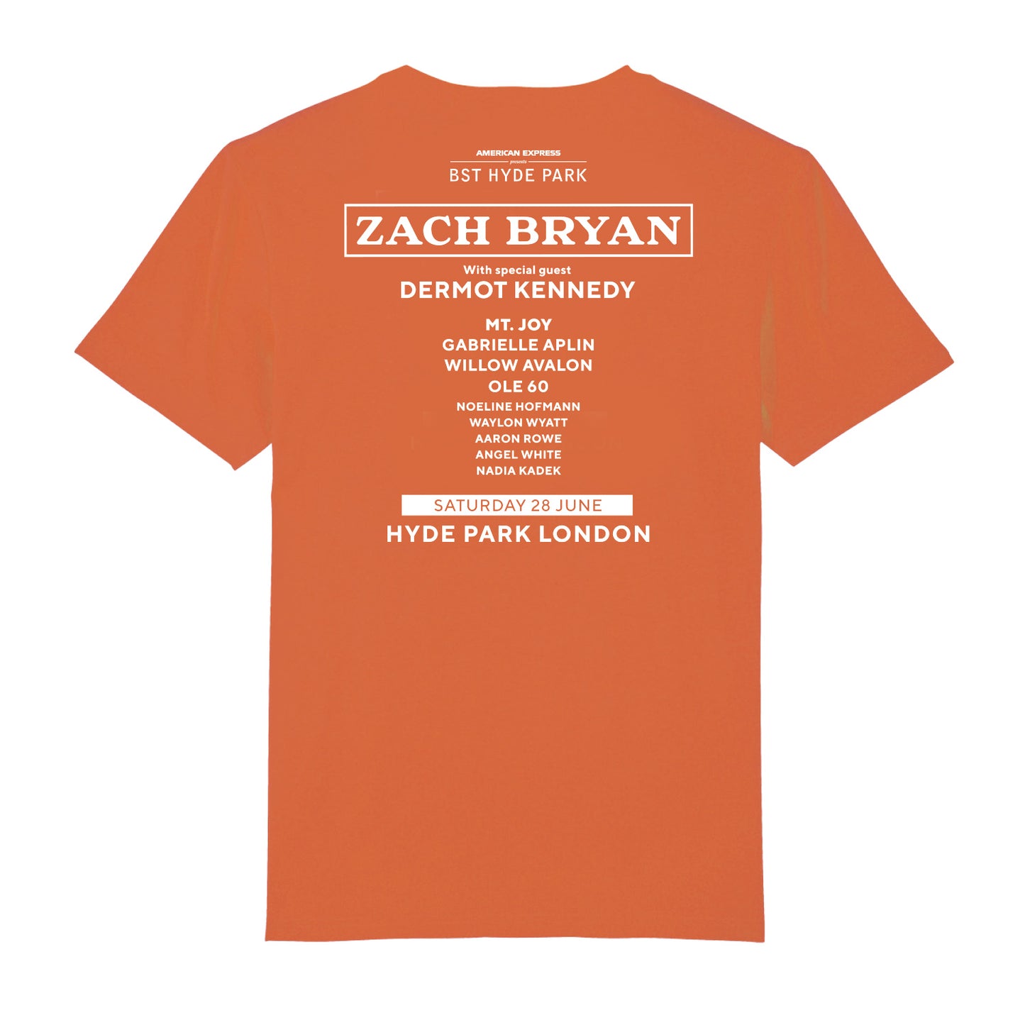 The BST Hyde Park Zach Bryan Saturday 28th June Event T-Shirt by BST Hyde Park features white text with concert and guest details, made from premium Airlume cotton for eco-friendly comfort.