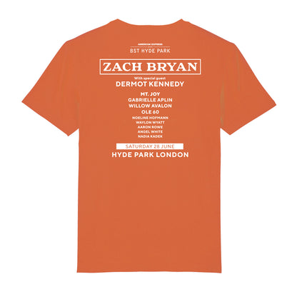 The BST Hyde Park Zach Bryan Saturday 28th June Event T-Shirt by BST Hyde Park features white text with concert and guest details, made from premium Airlume cotton for eco-friendly comfort.