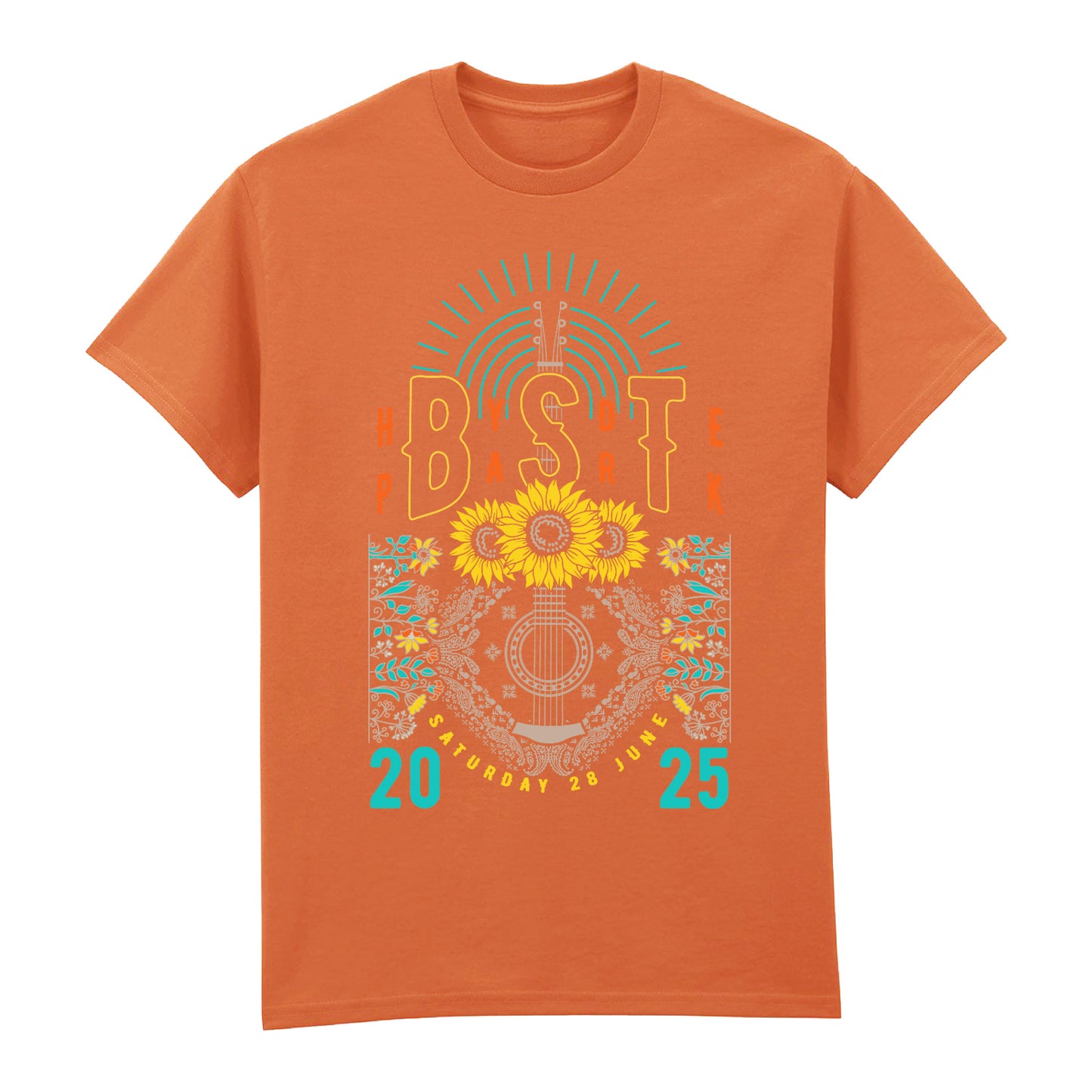 The BST Hyde Park Zach Bryan Saturday 28th June Event T-Shirt by BST Hyde Park features a vibrant festival motif with sunflowers, guitar, patterns, bold BST text, and the event date. Made from soft Airlume cotton for lasting comfort.
