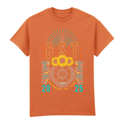 The BST Hyde Park Zach Bryan Saturday 28th June Event T-Shirt by BST Hyde Park features a vibrant festival motif with sunflowers, guitar, patterns, bold BST text, and the event date. Made from soft Airlume cotton for lasting comfort.