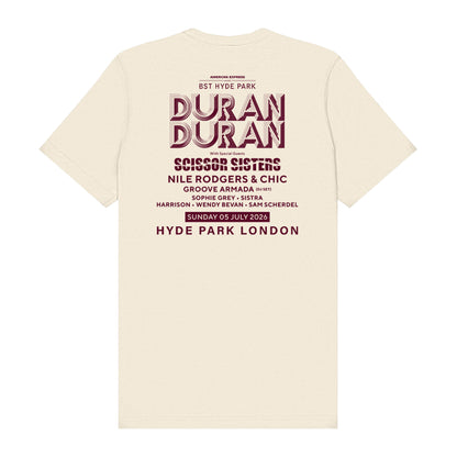 The BST Hyde Park 2026 Duran Duran Event T-Shirt by BST Hyde Park is a cream-colored, made-to-order tee featuring maroon back text listing the London music event headlined by Duran Duran, Scissor Sisters, and Nile Rodgers & Chic.