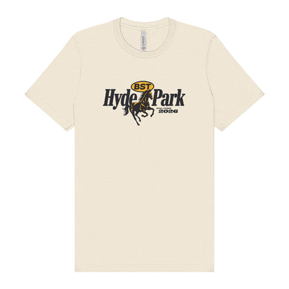 The BST Hyde Park 2026 Garth Brooks Event T-Shirt by BST Hyde Park is a cream-colored, made-to-order tee with a soft feel and front horse and rider graphic, featuring “BST Hyde Park 2026” in black and yellow DTG print.