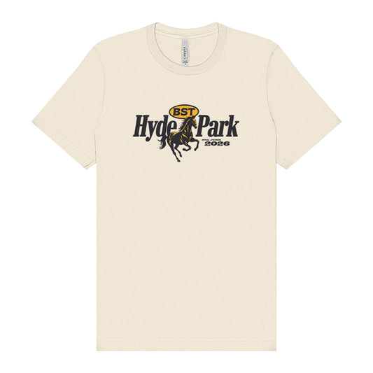 The BST Hyde Park 2026 Garth Brooks Event T-Shirt by BST Hyde Park is a cream-colored, made-to-order tee with a soft feel and front horse and rider graphic, featuring “BST Hyde Park 2026” in black and yellow DTG print.