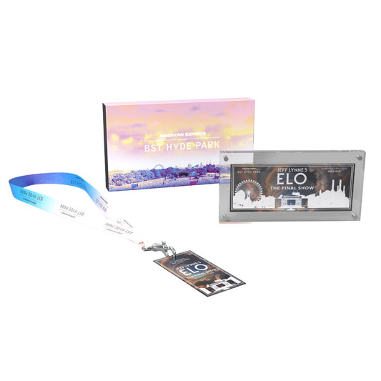 The Jeff Lynnes ELO Limited Edition Souvenir Ticket Box Set from BST Hyde Park features a concert ticket in a display case, backstage pass lanyard, and colorful collector’s box—a memorable keepsake from the final Hyde Park show.